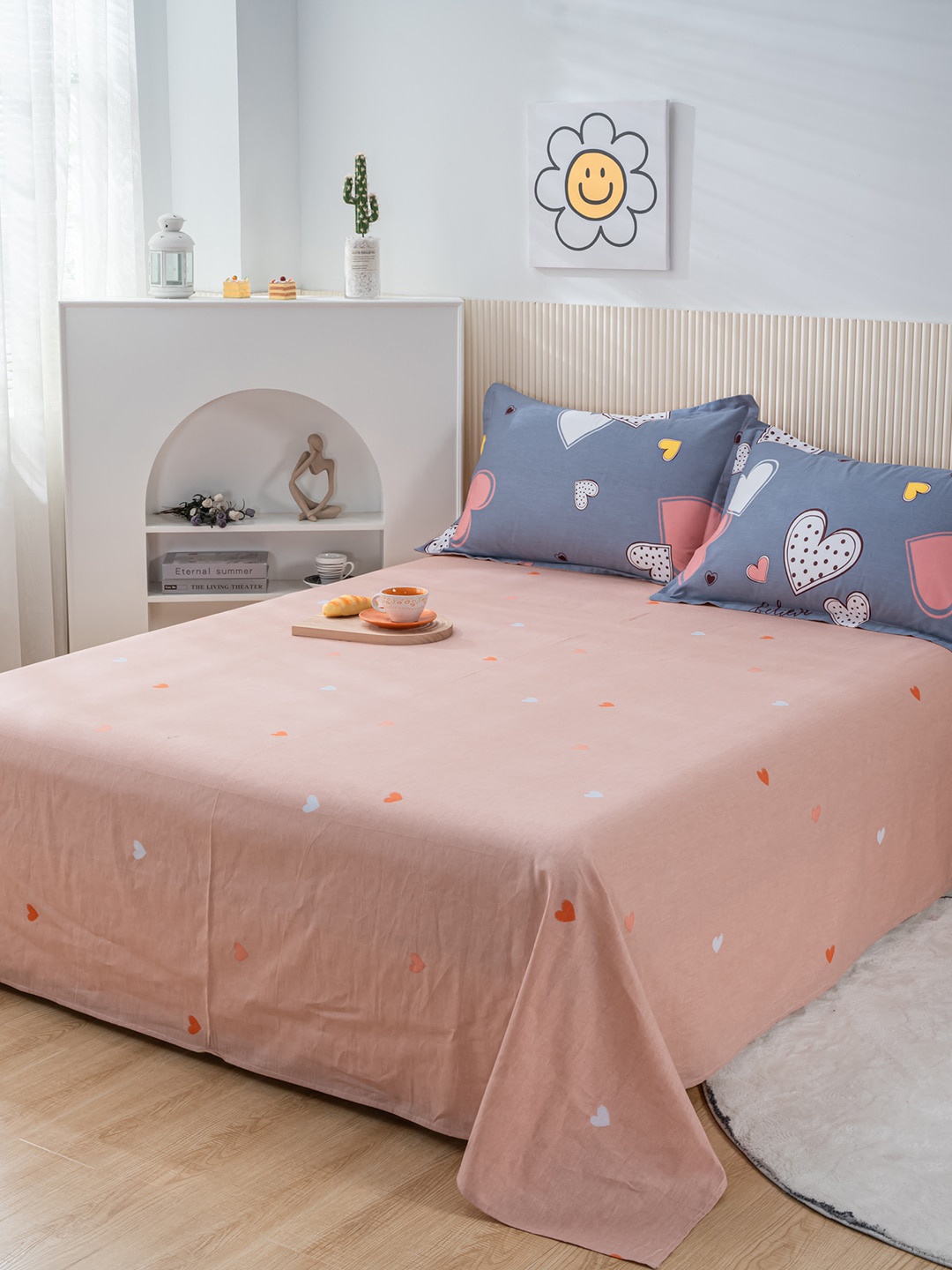 

JC HOME Peach-Coloured & Grey Conversational 200 TC Single Bedsheet with 1 Pillow Covers