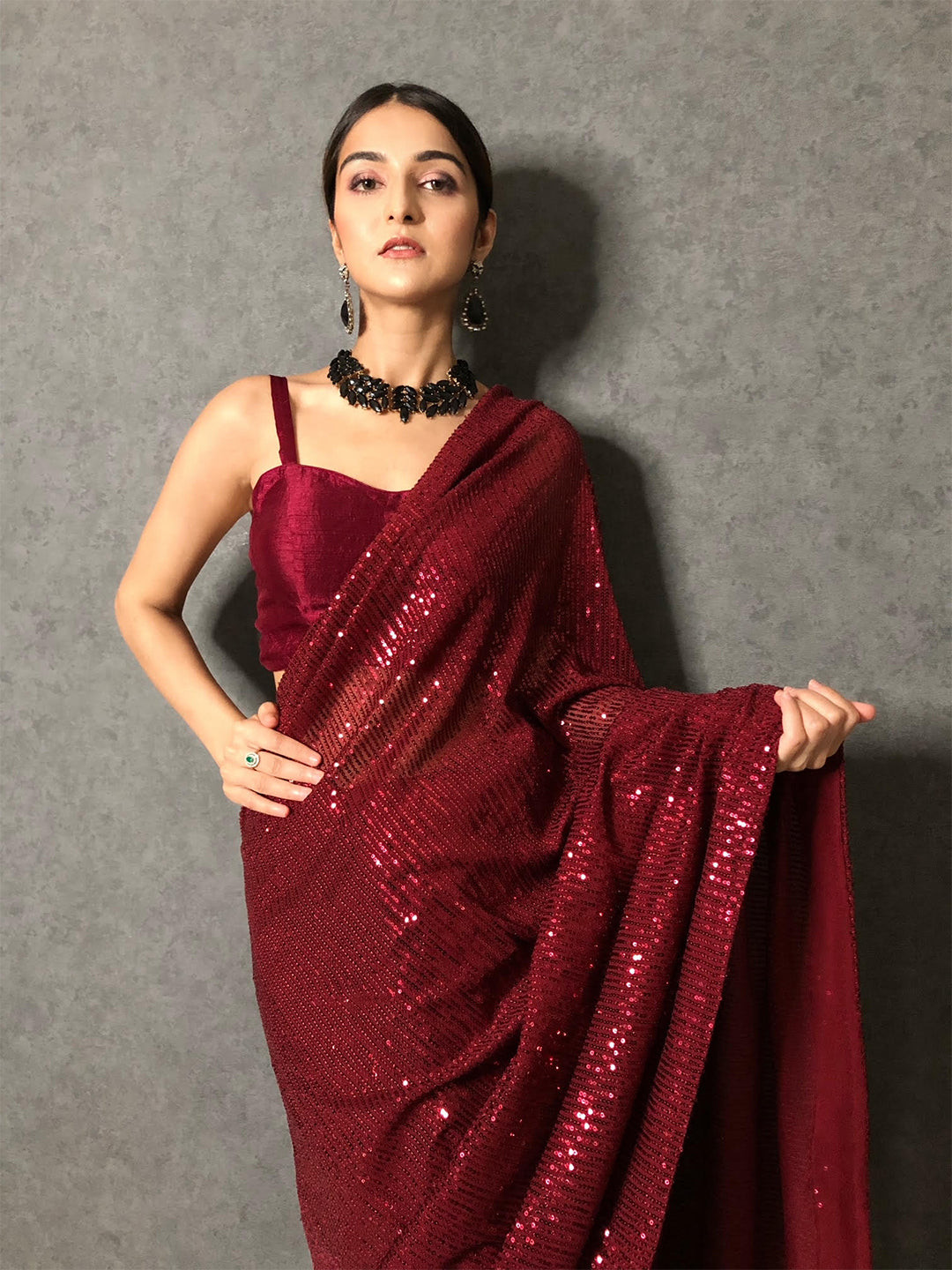 

CLEMIRA Maroon Embellished Sequinned Saree