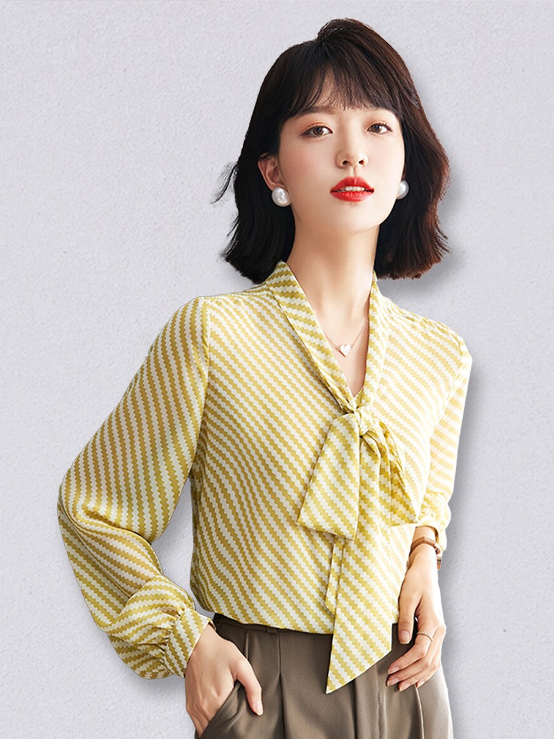 

JC Collection Women Yellow Striped Tie-Up Neck Shirt Style Top