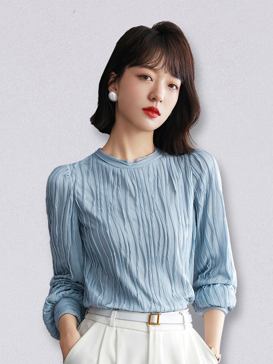 

JC Collection Women Blue Puff Sleeve Top