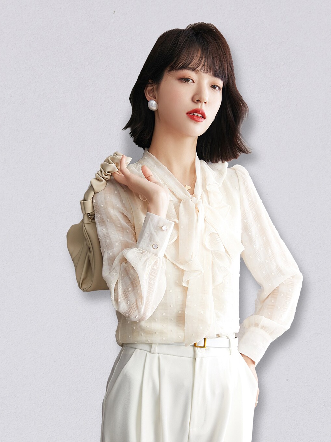 

JC Collection Women White Tie-Up Neck Ruffles Shirt Style Top