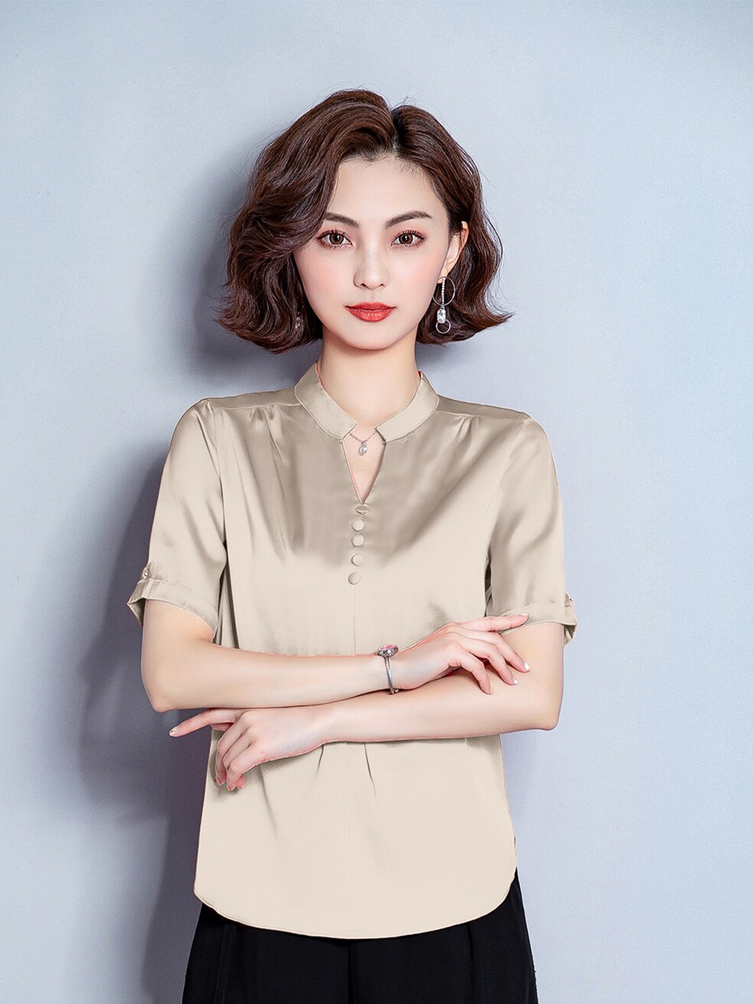 

JC Collection Women Champagne Mandarin Collar Shirt Style Top
