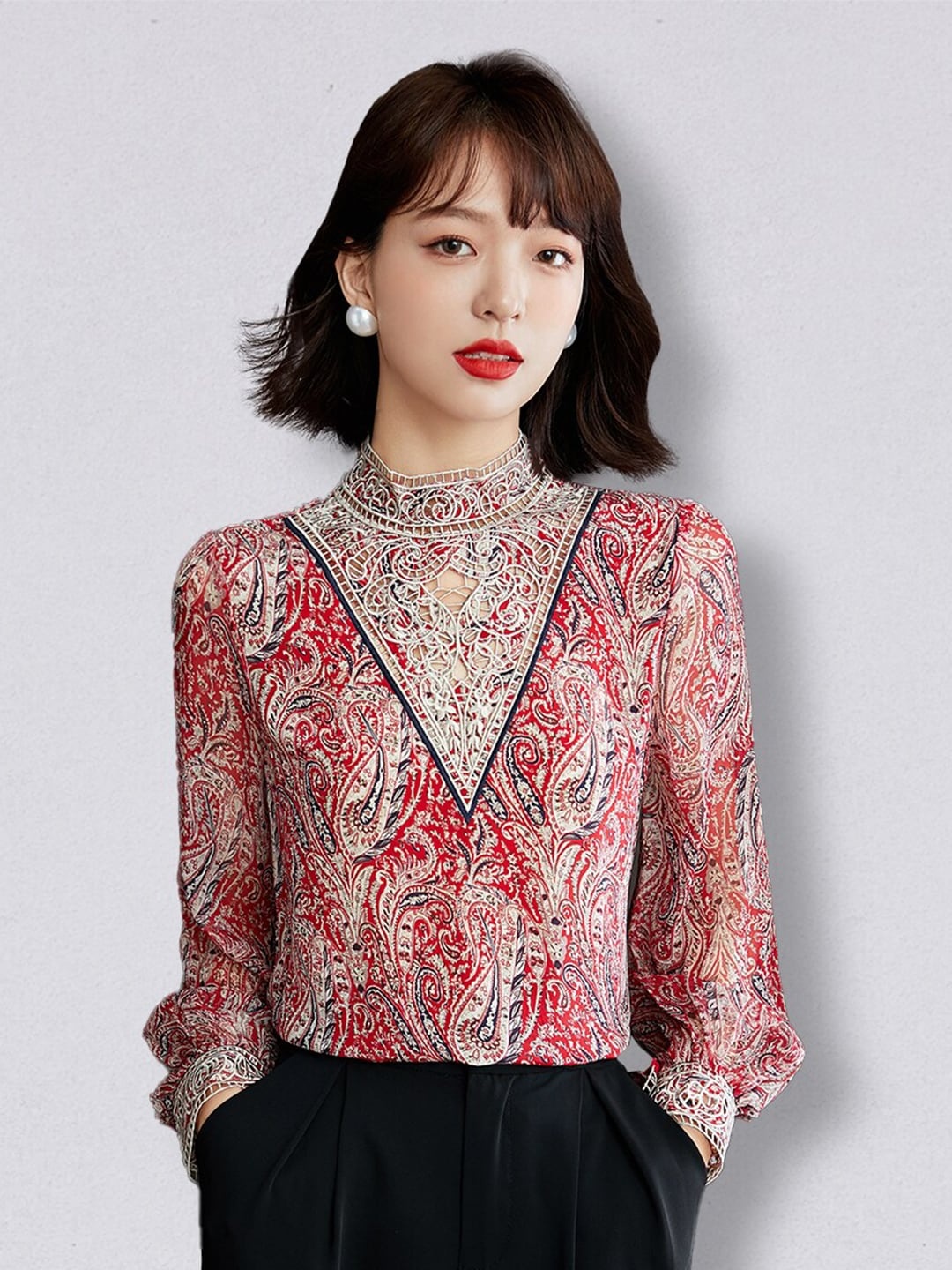 

JC Collection Red Print Choker Neck Chiffon Top