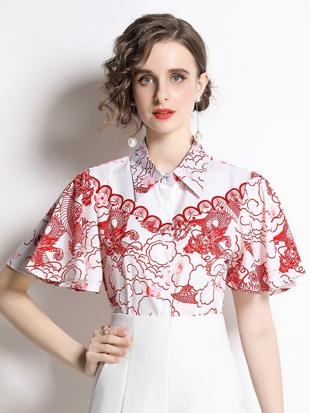 

JC Collection Red & White Print Shirt Style Top