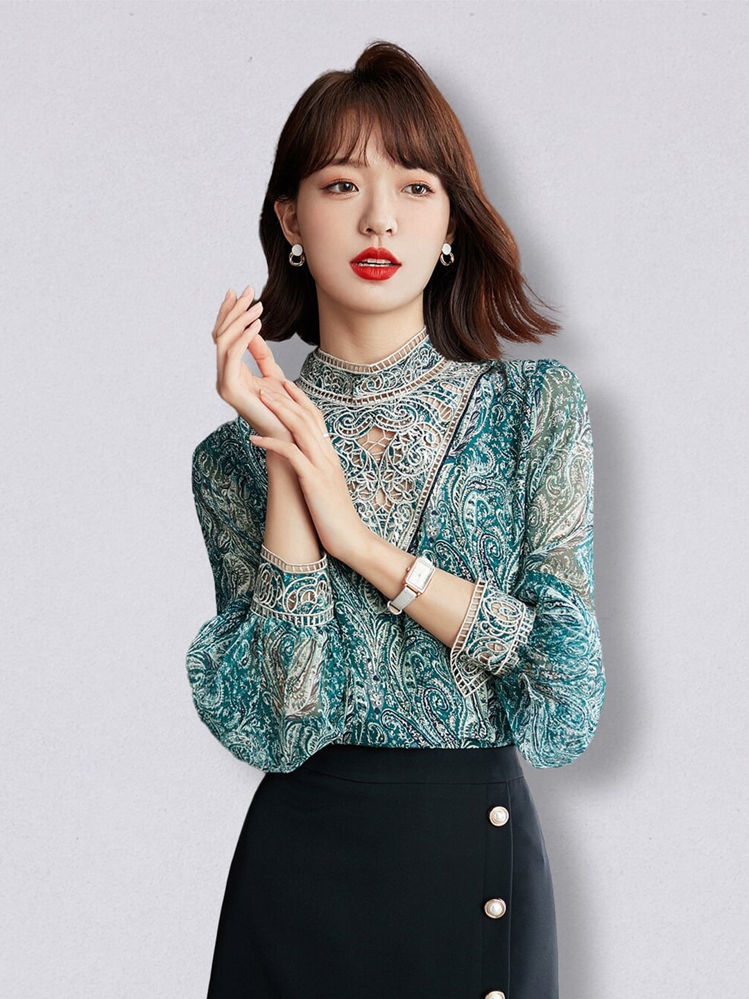 

JC Collection Green Print Choker Neck Chiffon Top