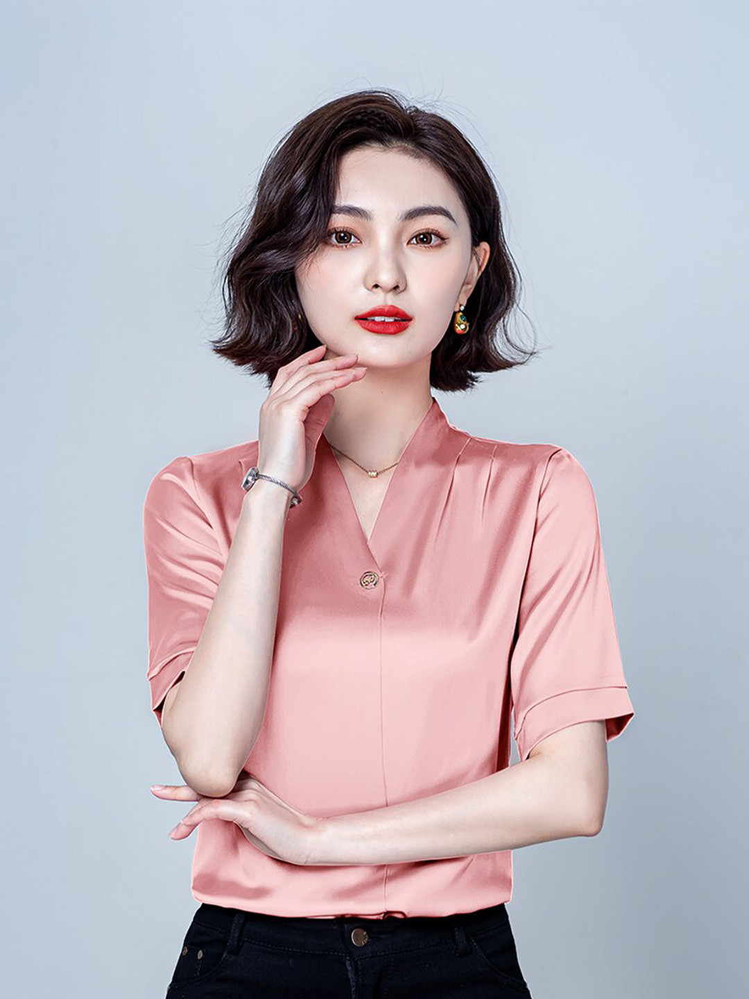 

JC Collection Pink Solid V-Neck Polyester Top