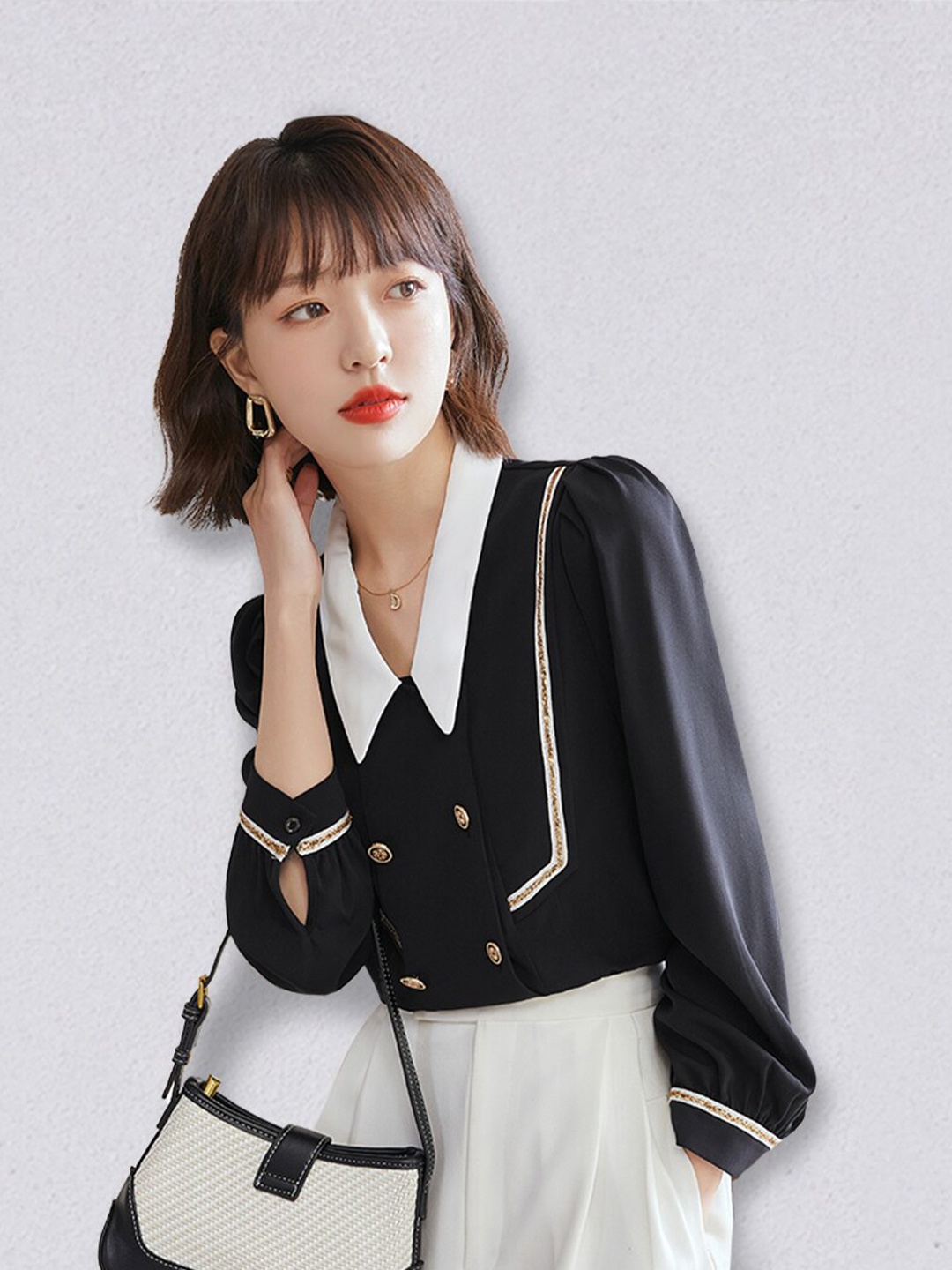 JC Collection Black & White Peter Pan Collar Polyester Shirt Style Top