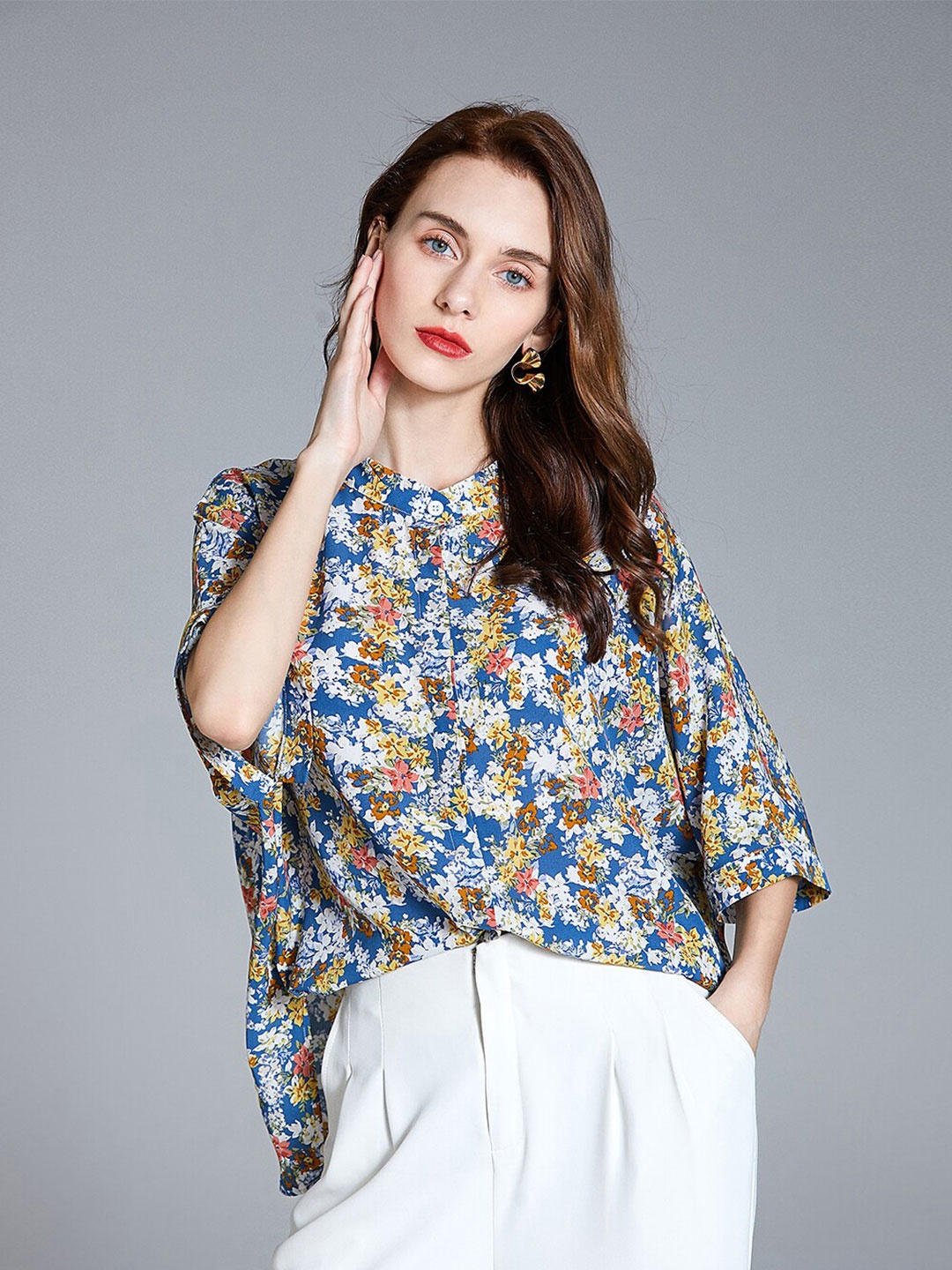 

JC Collection Multicoloured Floral Print Mandarin Collar Extended Sleeves Boxy Top, Multi