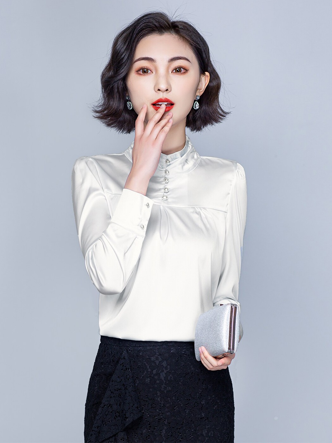 JC Collection White Solid High Neck Polyester Top