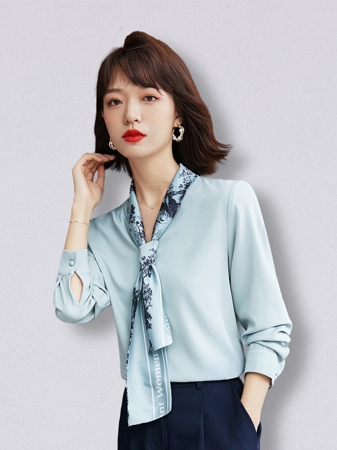 

JC Collection Blue Tie-Up Neck Shirt Style Polyester Top