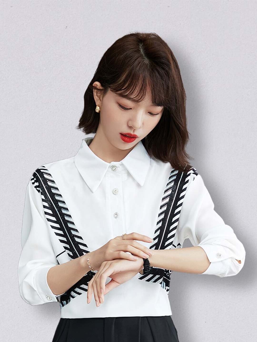 

JC Collection White Printed Shirt Style Polyester Top