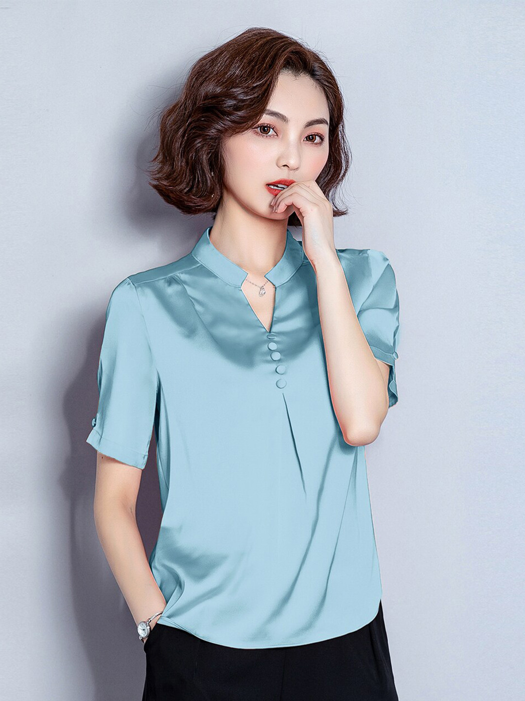 

JC Collection Women Blue Solid Mandarin Collar Top