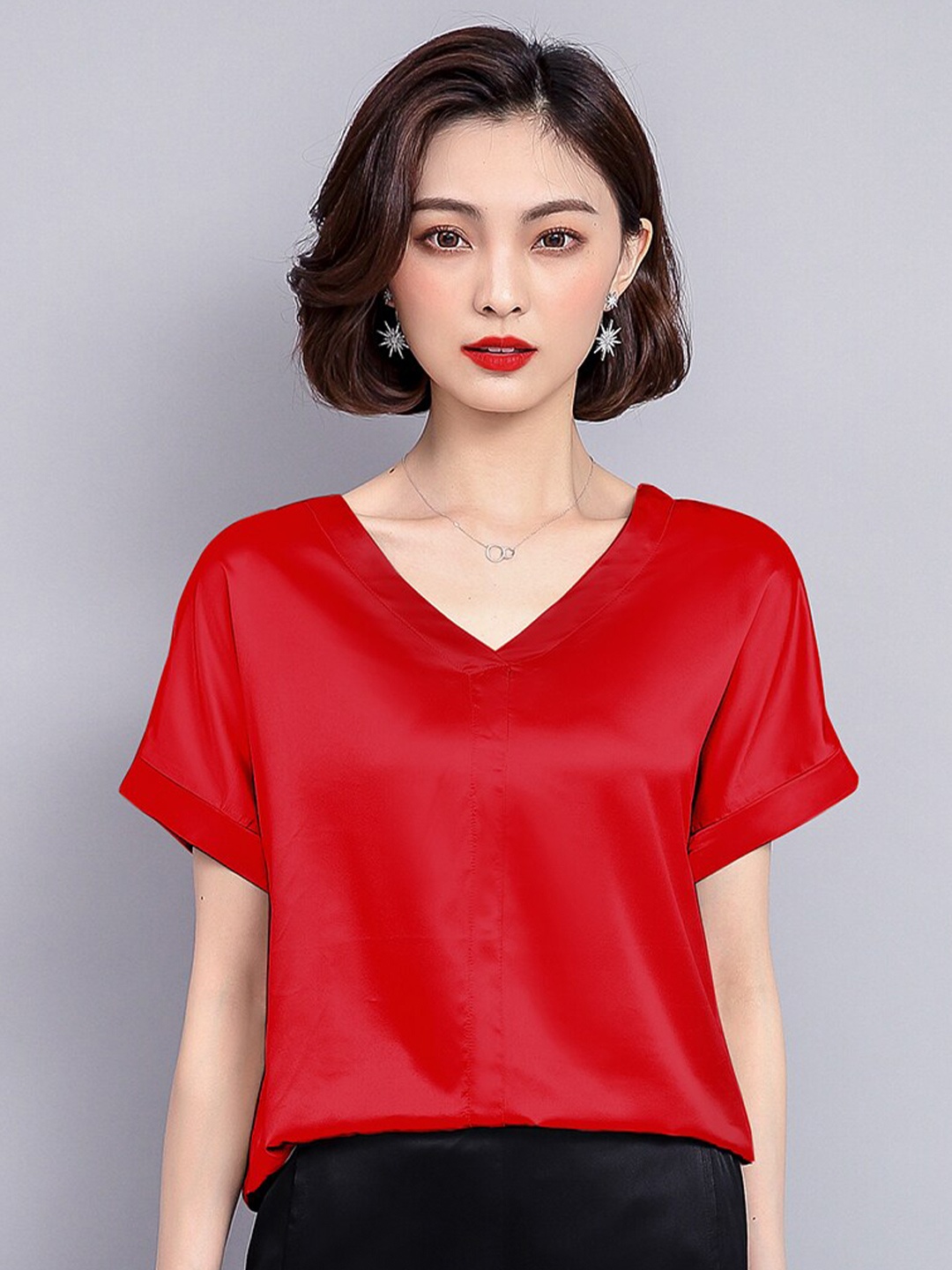 

JC Collection Women Red Solid Polyester Extended Sleeves Top