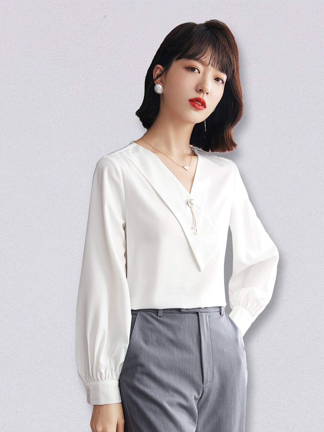 JC Collection Women White Solid Cuff Sleeves Polyester Top