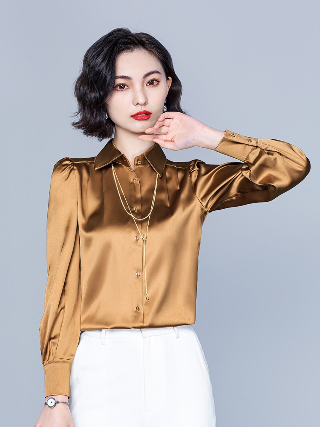 JC Collection Women Brown Solid Puff Sleeves Polyester Casual Shirt