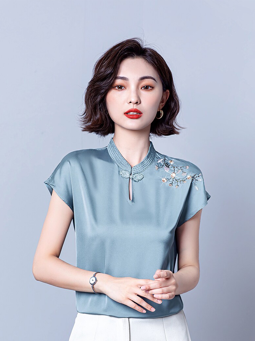 

JC Collection Women Blue Mandarin Collar Extended Sleeves Yoke Embellished Polyester Top