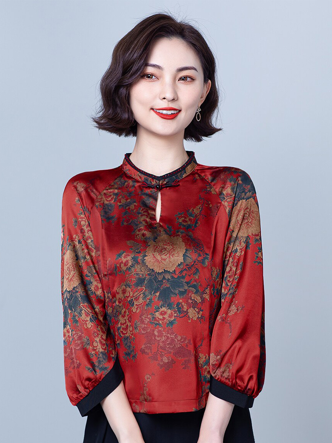 

JC Collection Women Red & Blue Floral Print Polyester Mandarin Collar Top