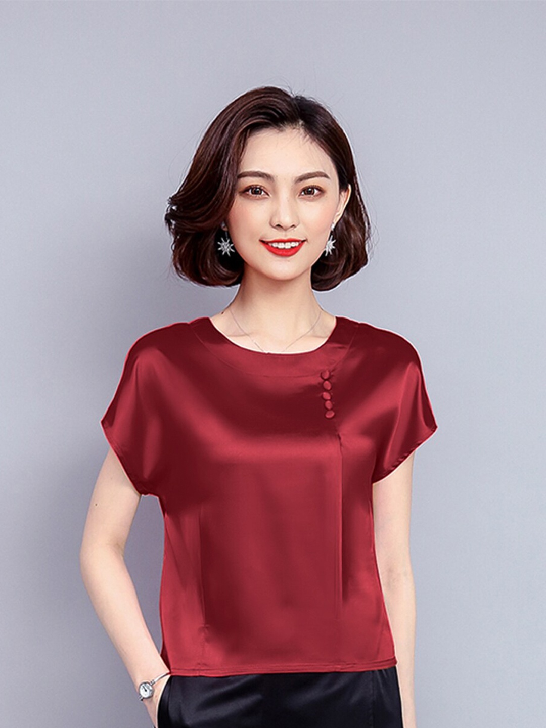 

JC Collection Women Maroon Extended Sleeves Polyester Casual Top