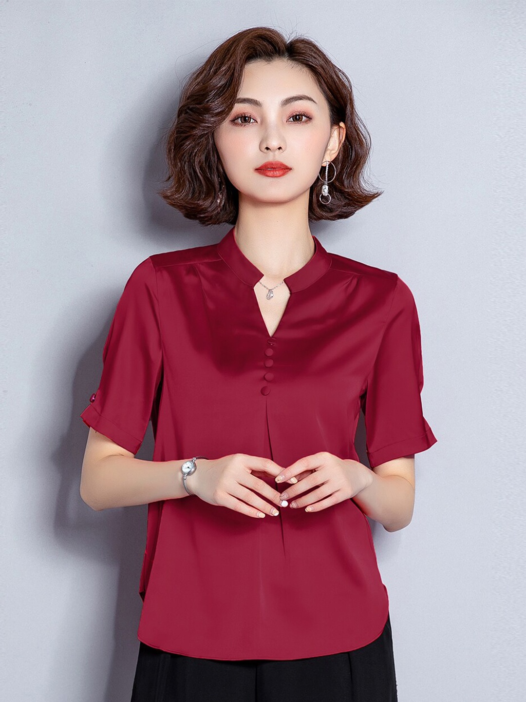 

JC Collection Women Maroon Solid Mandarin Collar Polyester Casual Top