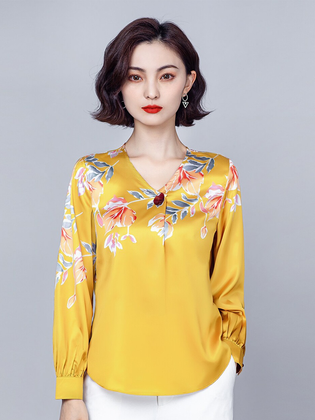 

JC Collection Women Yellow Floral Print Polyester Casual Top