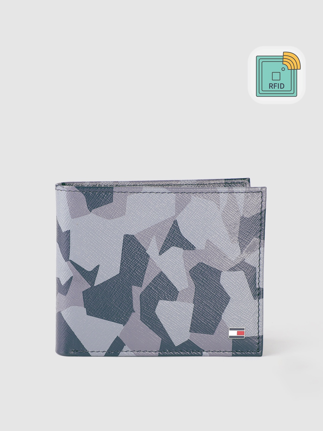 

Tommy Hilfiger Men Grey & Teal Abstract Printed Leather Two Fold Wallet