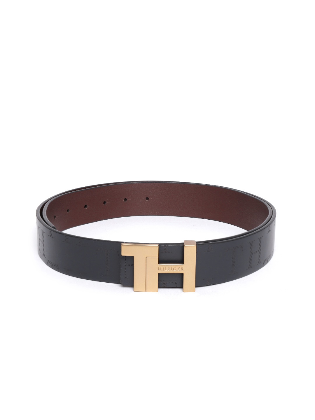 

Tommy Hilfiger Men Navy Blue & Burgundy Reversible Brand Logo Textured Leather Belt