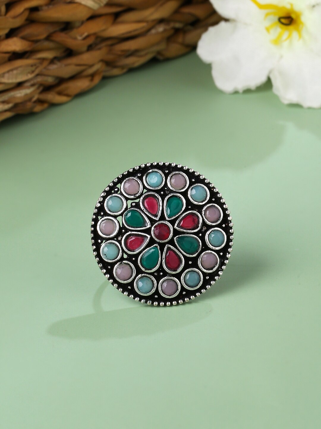 

VIRAASI Oxidised Silver-Plated & Multicolored Stones-Studded Finger Ring