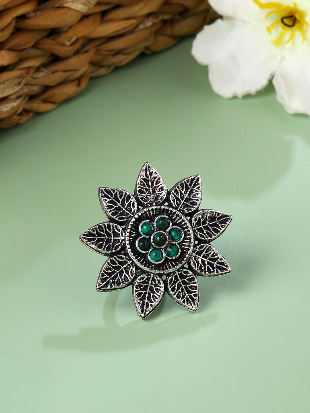 

VIRAASI Women Oxidised Silver-Toned & Green Stone-Studded Adjustable Finger Ring