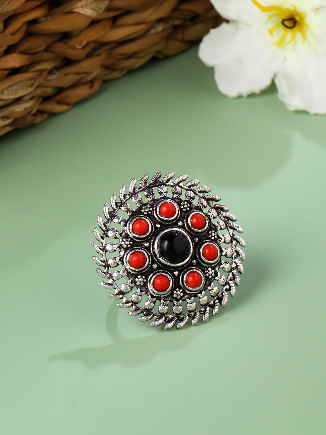 

VIRAASI Silver-Plated Red Stone-Studded Adjustable Finger Ring