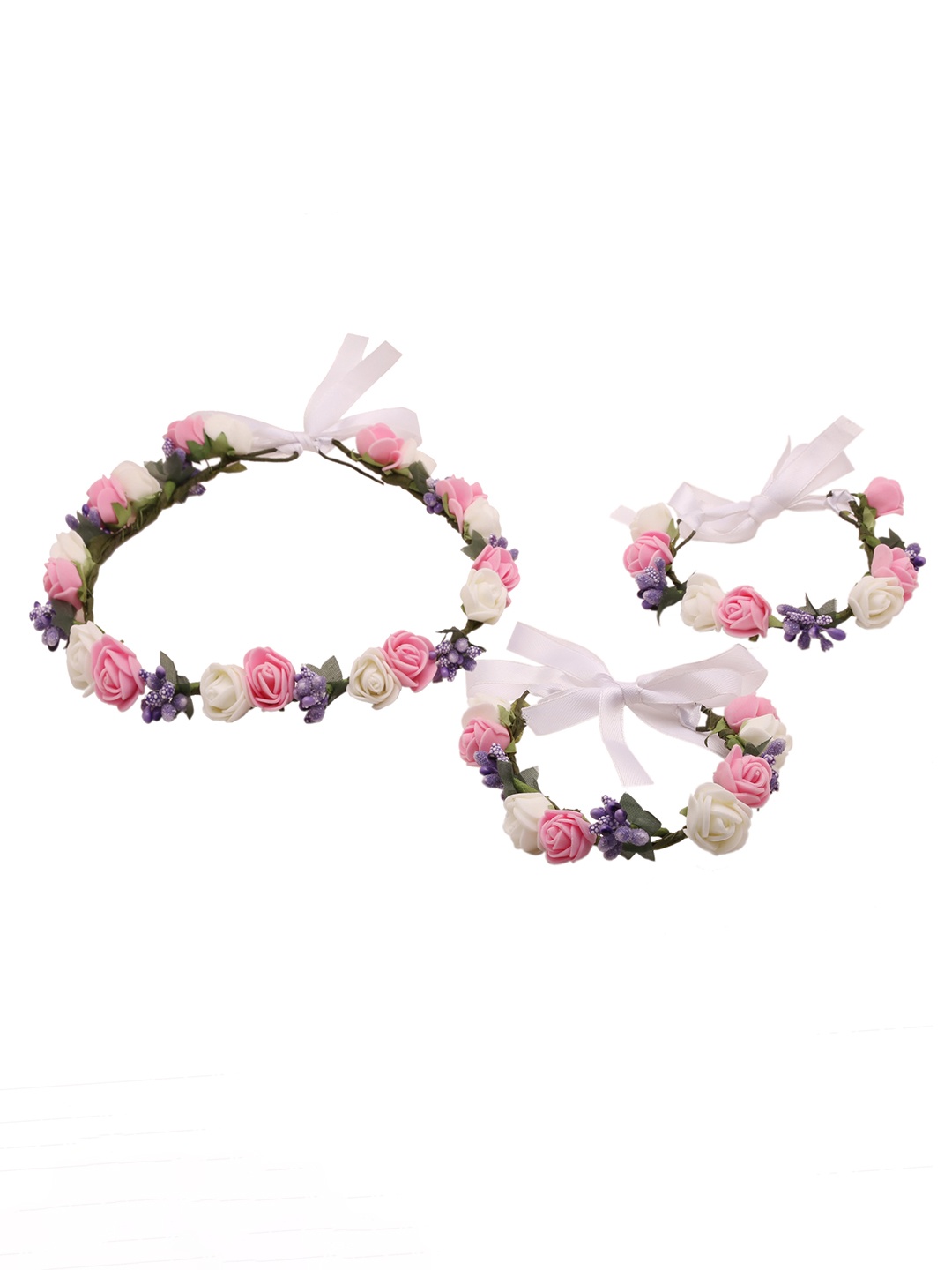 

Sanjog Women Combo of 1 Embellished Floral Head Tiara & 2 Wrist Bands, White