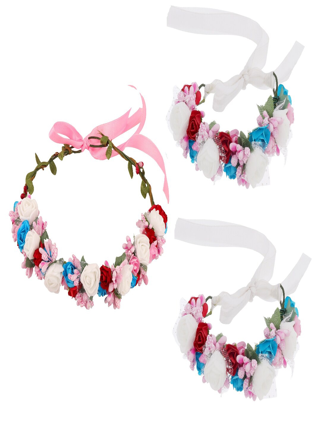 

Sanjog Girls Red & Pink Floral Embellished Head Tiara With Matching Wrist Bands