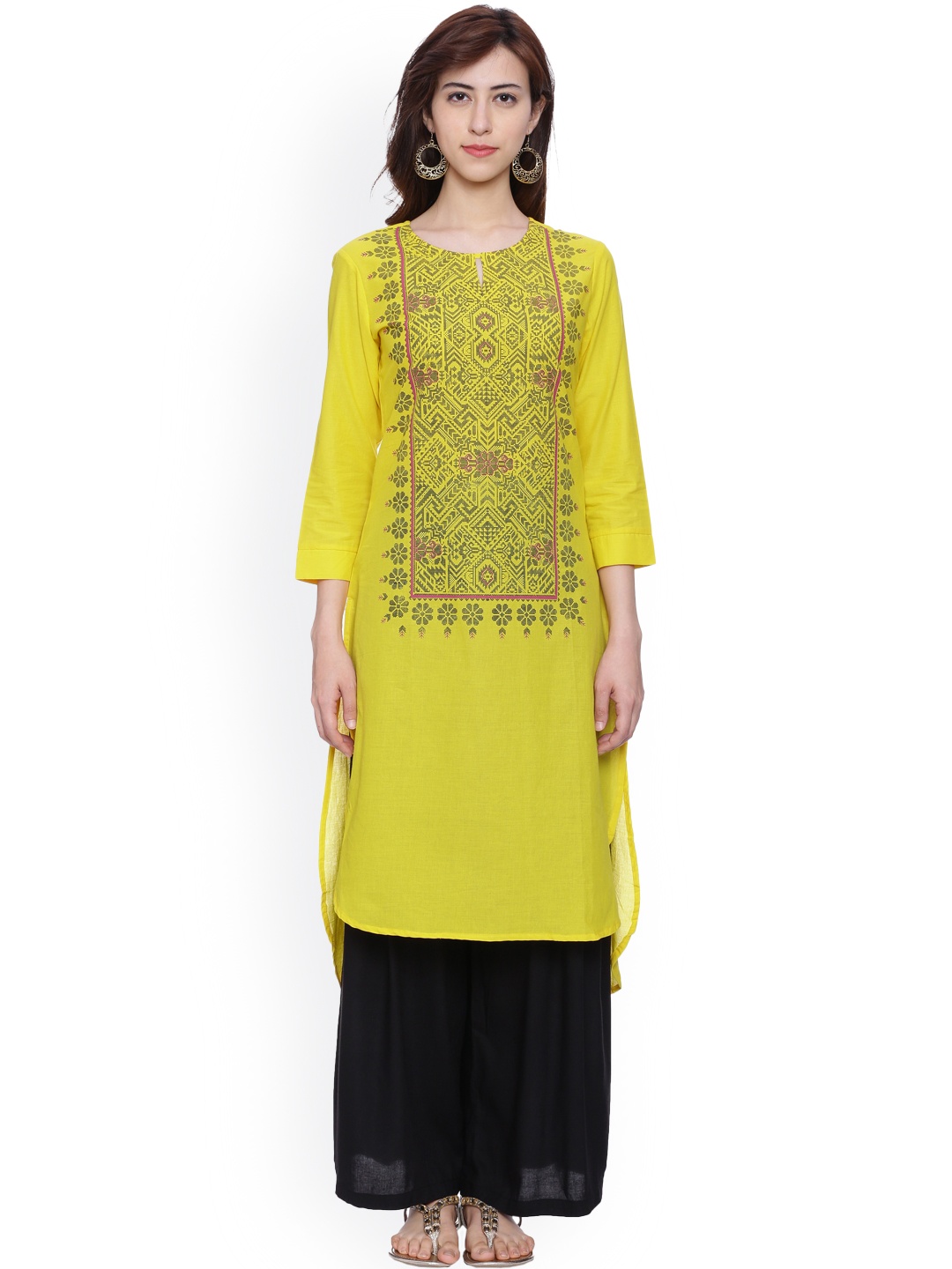 

Avaana Women Yellow Yoke Design Straight Kurta