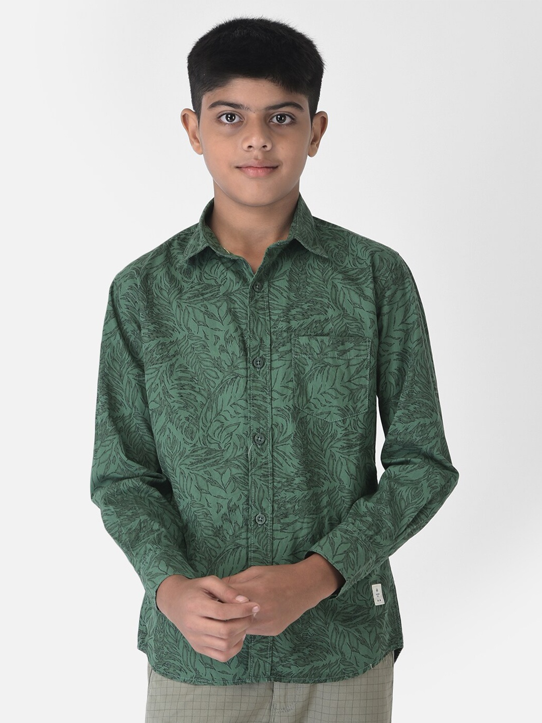 Crimsoune Club Boys Green Floral Printed Casual Pure Cotton Shirt