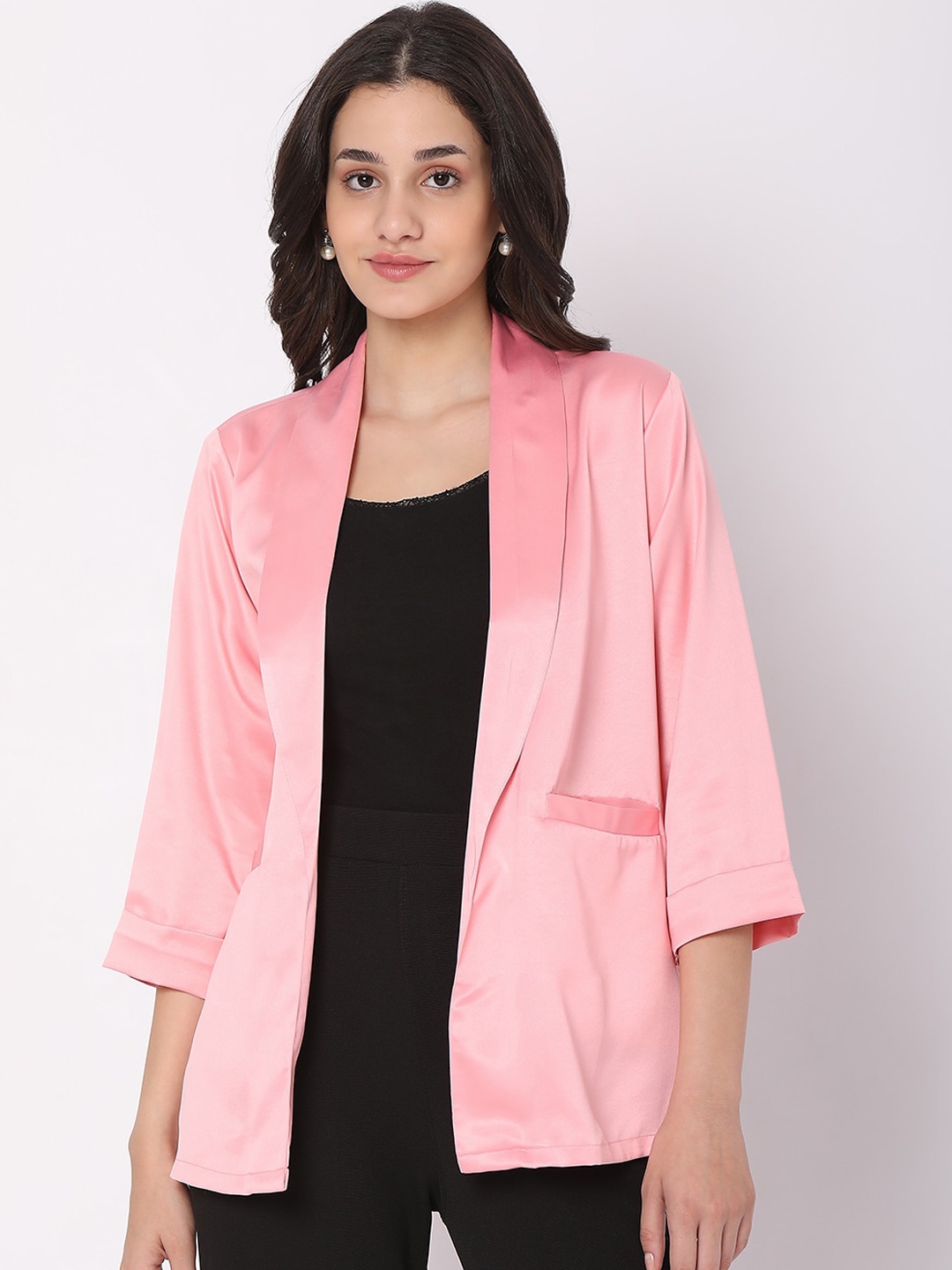 

Smarty Pants Women Pink Solid Silk Lapel Collar Lightweight Open Front Jacket