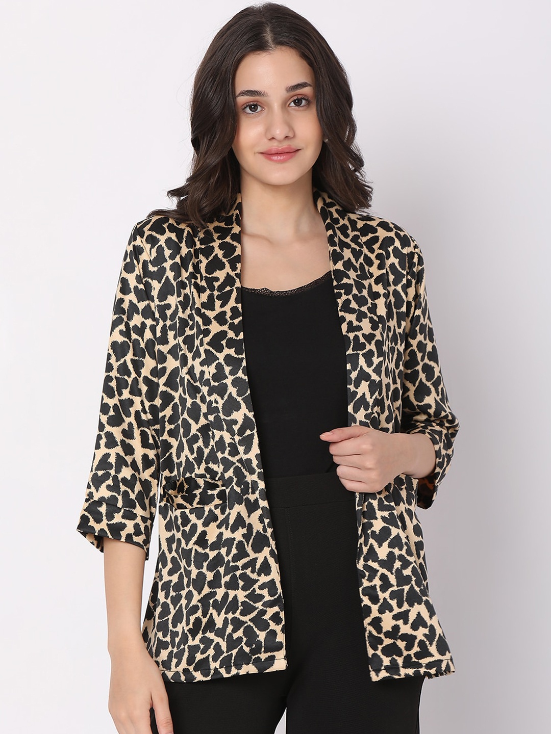 

Smarty Pants Women Black & Beige animal Printed Lightweight Open Front Jacket
