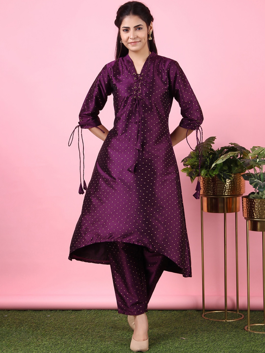 

V TRADITION Women Purple Printed Empire Chanderi Silk Kurta with Trouser