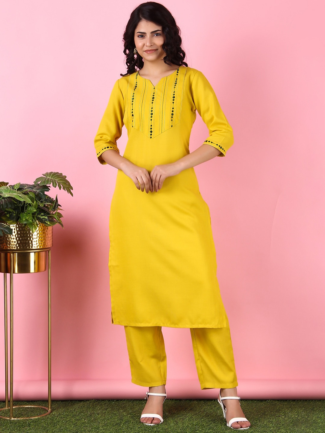 

V TRADITION Women Yellow Yoke Design Kurta with Trouser