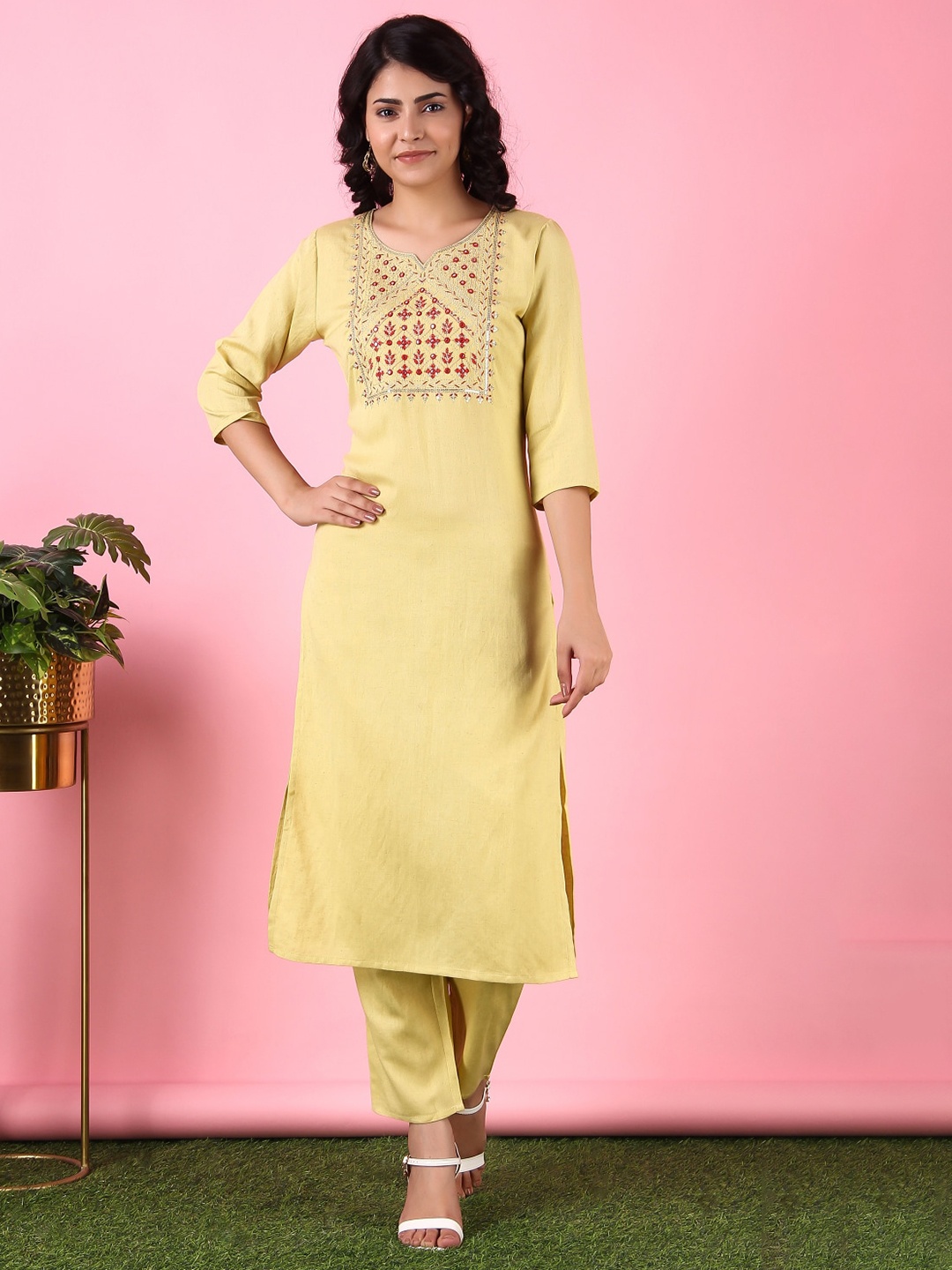 

V TRADITION Women Yellow Yoke Design Kurta with Trouser