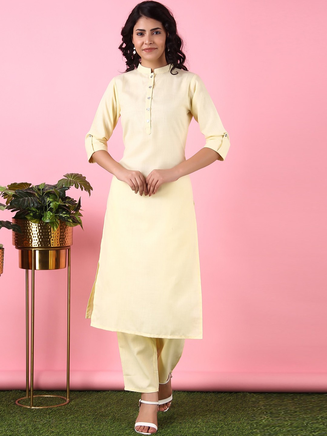 

V TRADITION Women Yellow Solid Cotton Blend Kurta with Trouser
