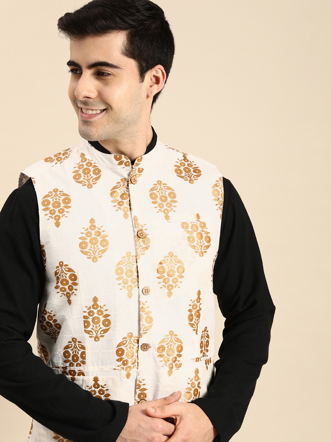 

Anouk Men White Floral Print Ethnic Pure Cotton Nehru Jacket