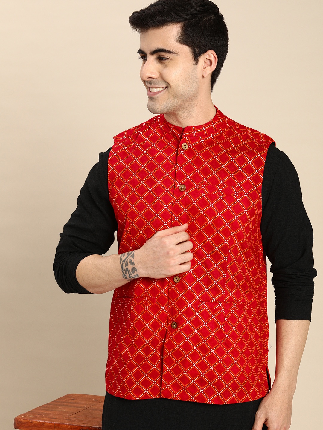

Anouk Men Red Printed Ethnic Pure Cotton Nehru Jacket