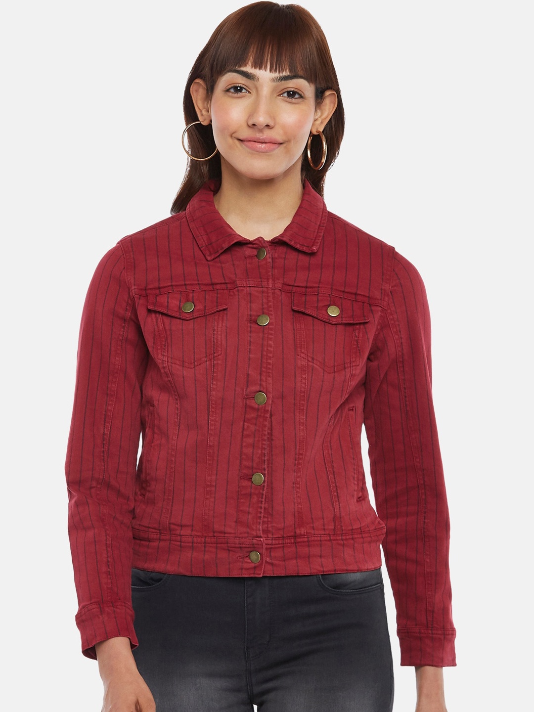 

Honey by Pantaloons Women Maroon Striped Cotton Denim Jacket