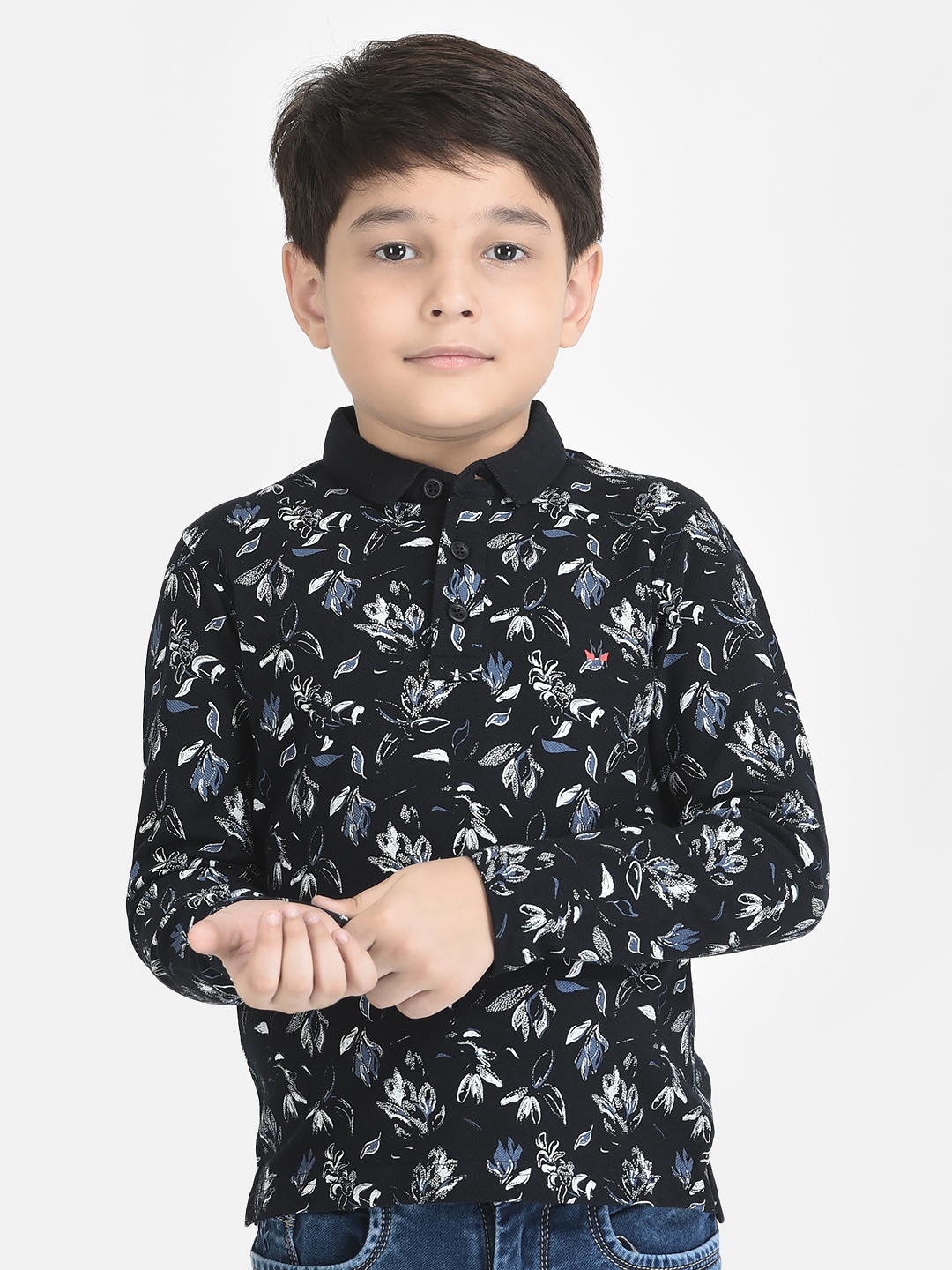 

Crimsoune Club Boys Navy Blue Floral Printed Polo Collar Tropical Pure Cotton T-shirt