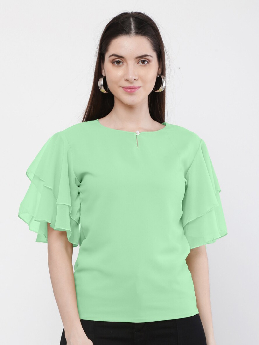 

WinEra Sea Green Keyhole Neck Georgette Top