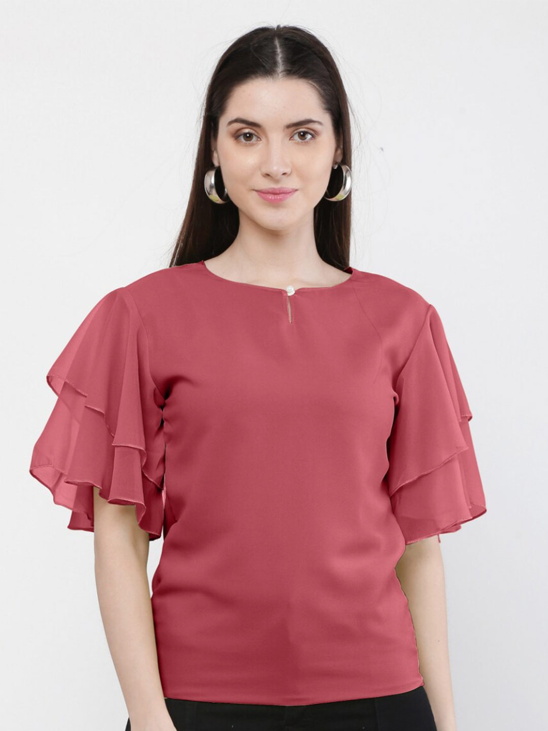 WinEra Rust Keyhole Neck Georgette Top