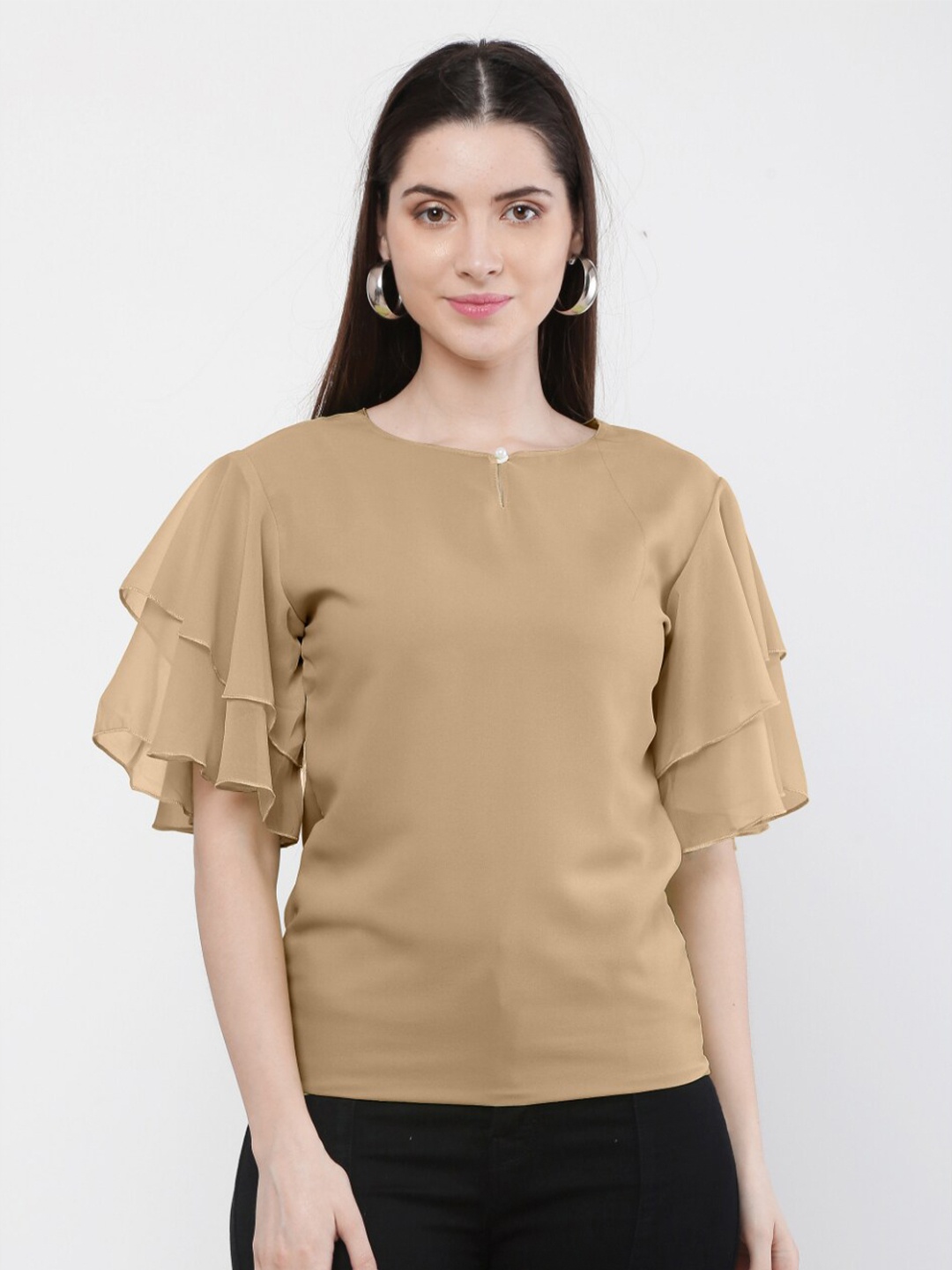

WinEra Beige Keyhole Neck Georgette Top