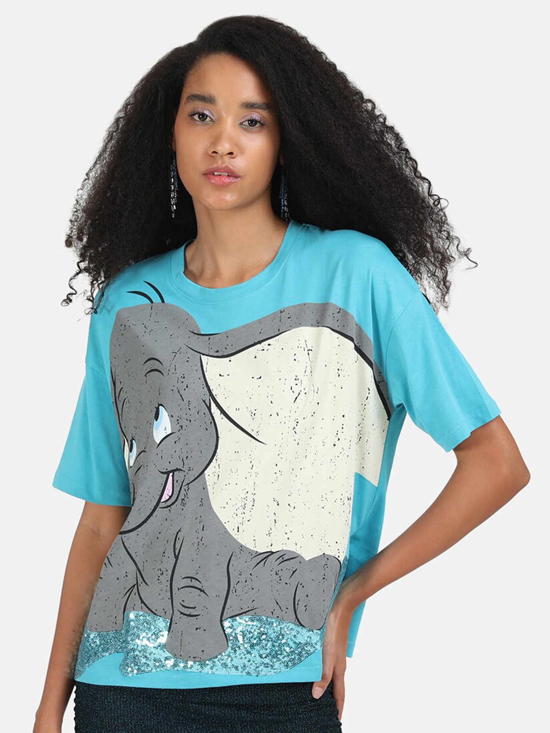 

Kazo Women Blue Dumbo Disney Printed Sequin Work Raw Edge Oversized T-shirt