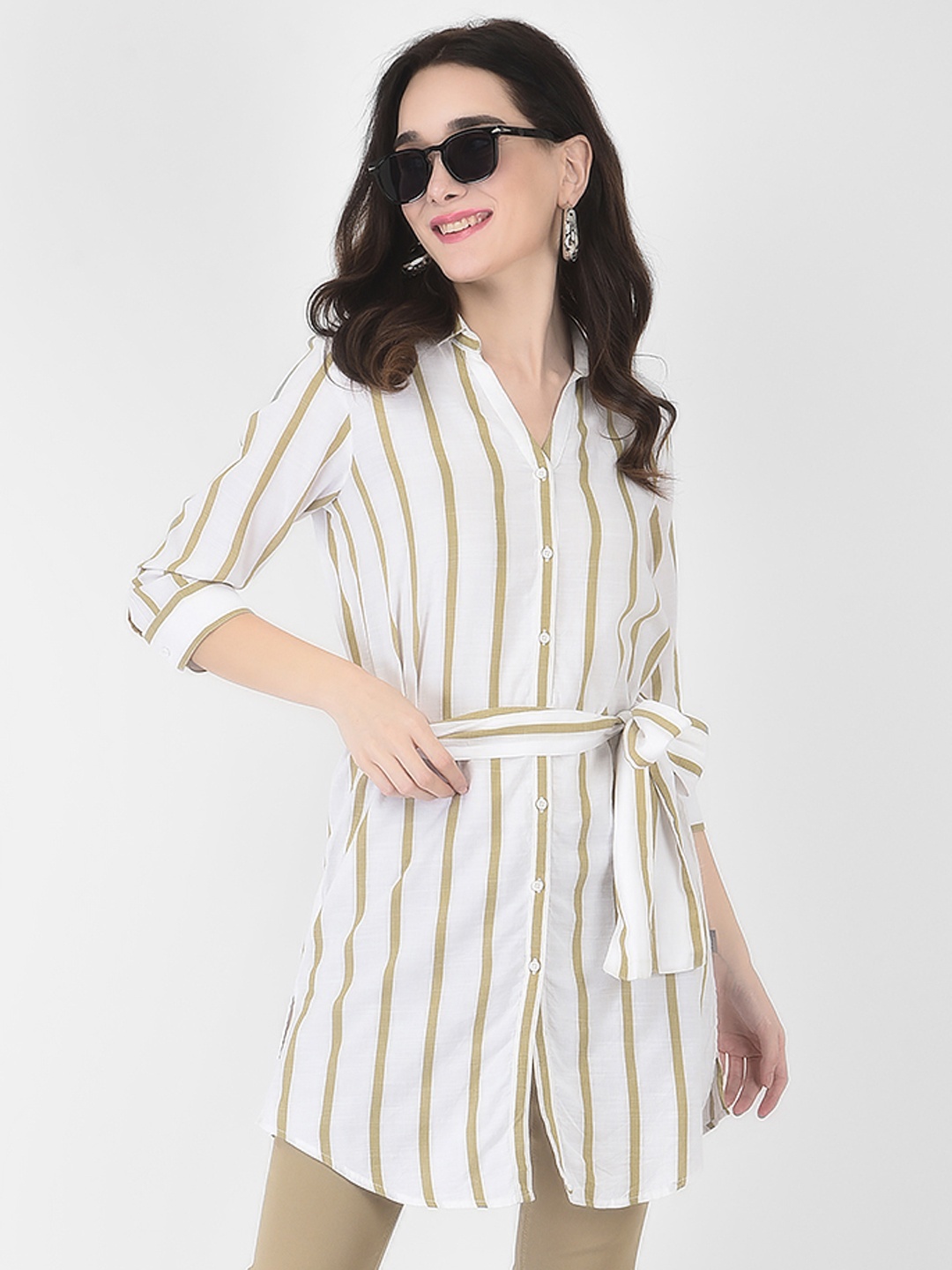 

Crimsoune Club White & Yellow Striped Shirt Dress