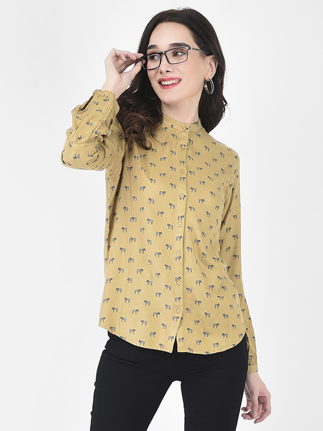 Crimsoune Club Women Khaki Slim Fit Printed Casual Shirt