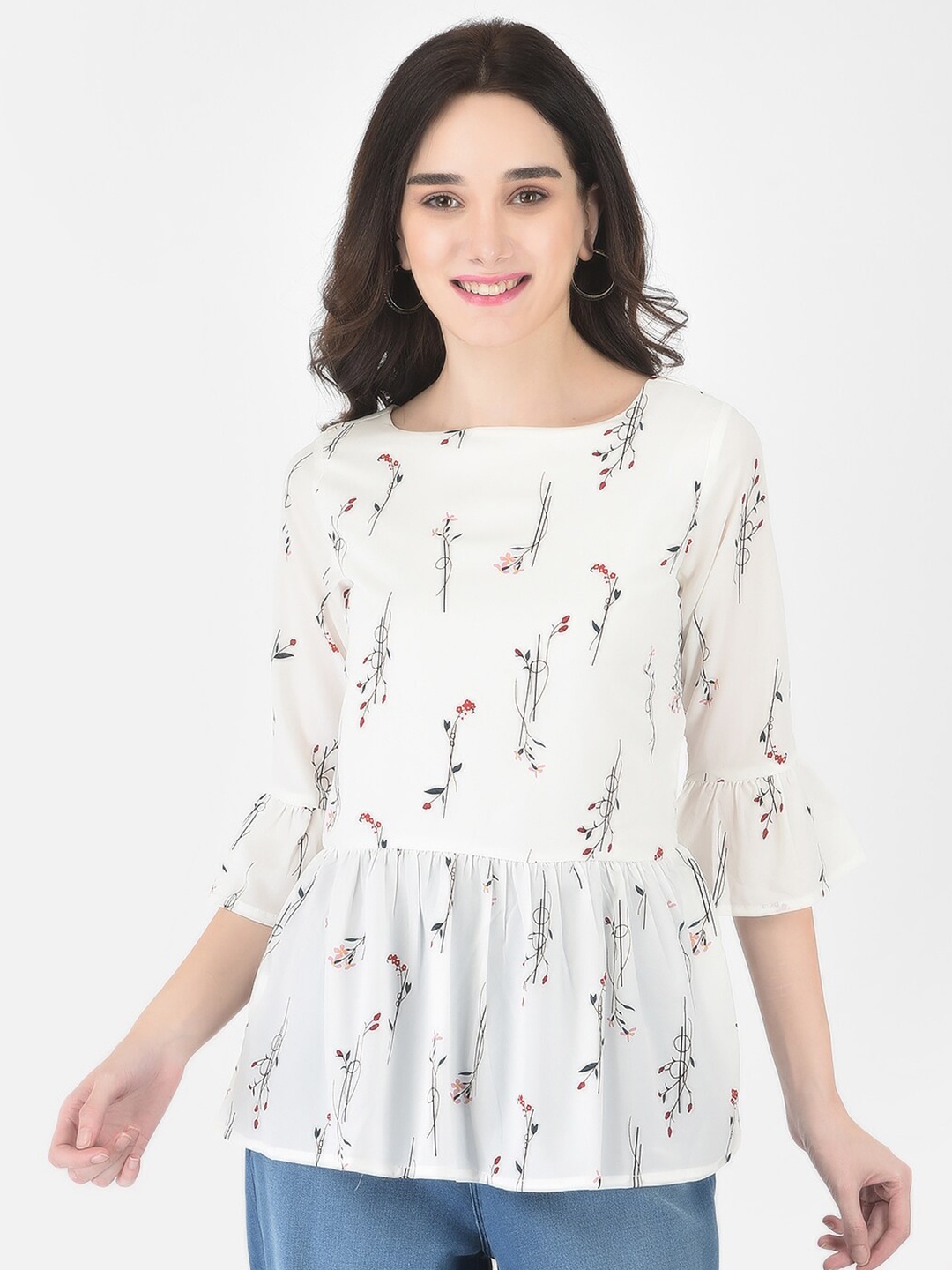 Crimsoune Club White & Red Floral Print Peplum Longline Top